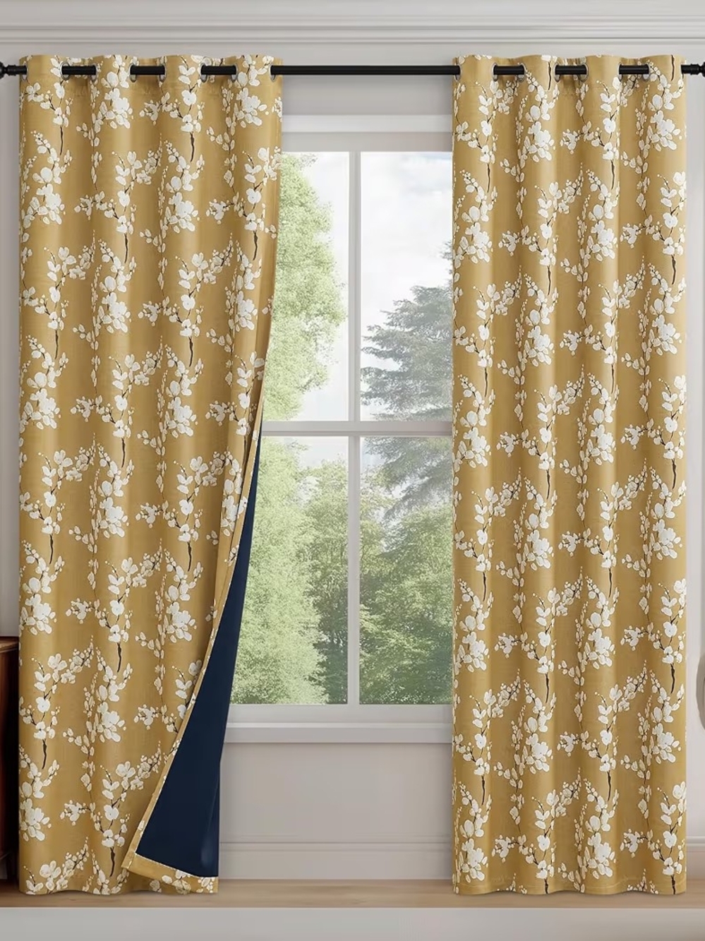 NEW Mustard Floral Blackout Curtains 50in X 84in, 2 Panel